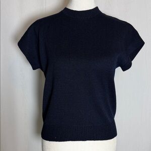 VTG St John Navy Santana Knit Mock Neck Top Size S Cap Sleeve Pullover Back Zip